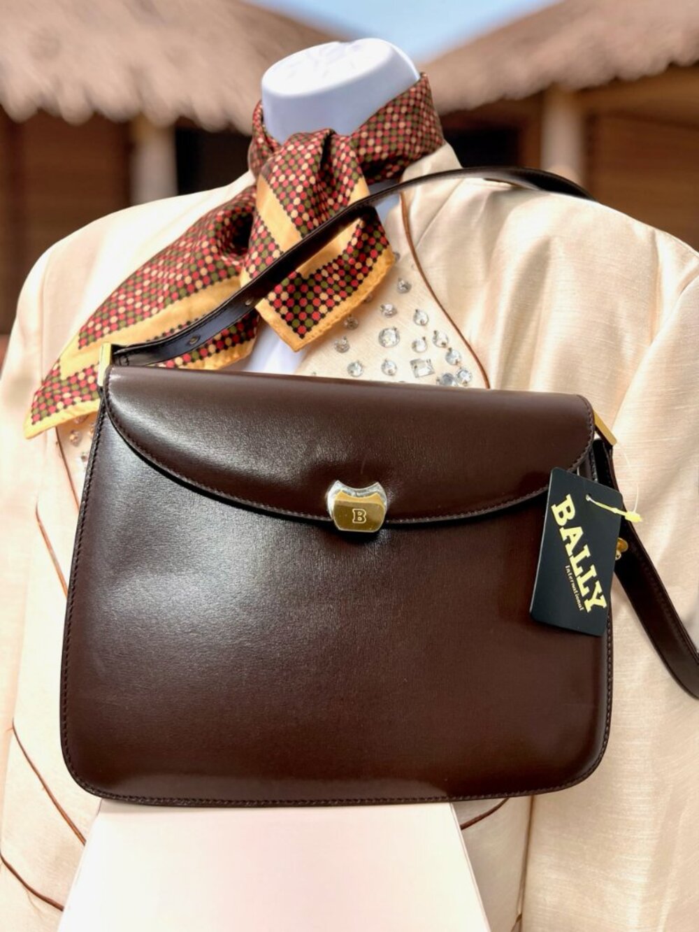NEW Classic Evening Bally Shoulder Bag Brown Leather +100% Silk Scarf(9 - Picture 4 of 16